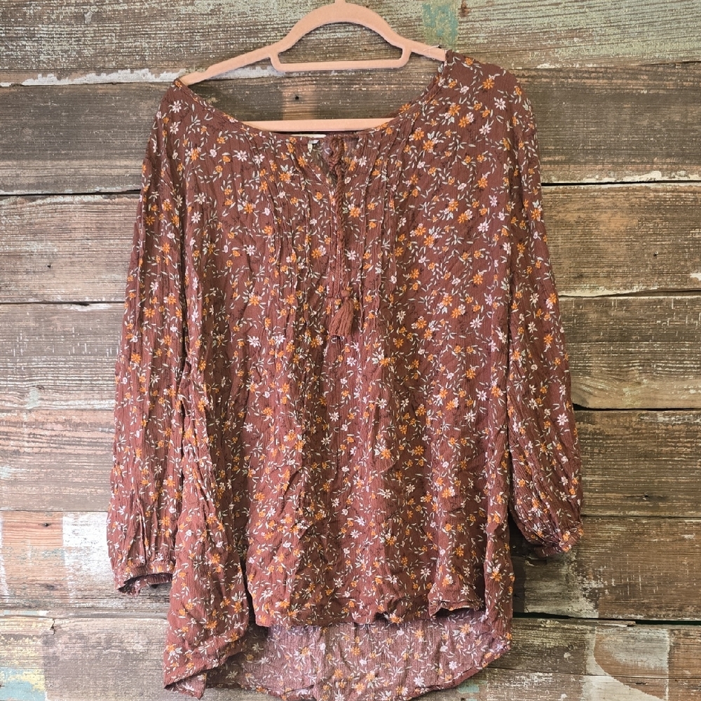 Sonoma Floral Print Blouse in Brown and Cream, Size XXL
